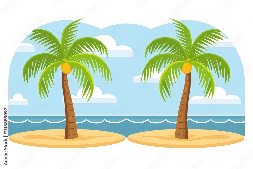 Poster two palm trees are on a beach with the ocean in the background
