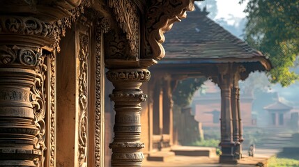 Intricate wood carvings adorn ancient temple columns, bathed in morning sunlight.