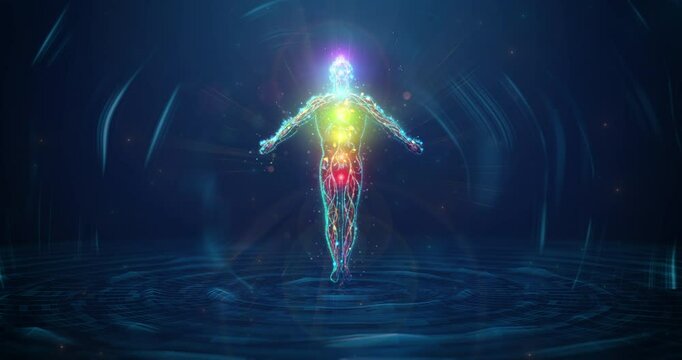 Abstract animation colorful chakras glow over human body silhouette made of glowing neon particles. Meditation, yoga and mental health care concept. Looped background with circle waves on blue water