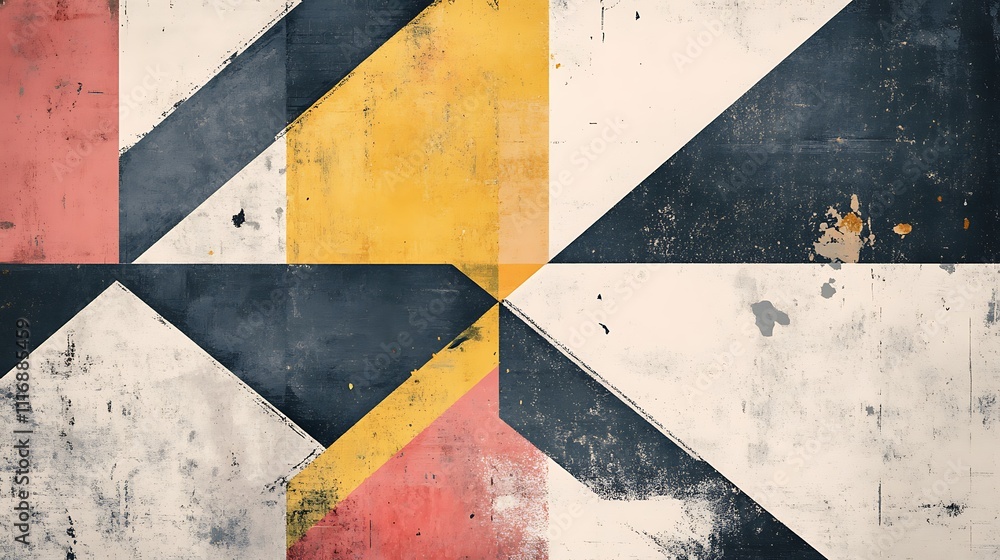 Poster abstract geometric design with bold colors and textures, creating a modern artistic composition.