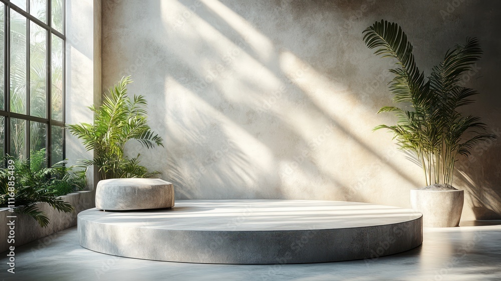 Poster cream white concrete curve platform with textured surface and soft sunlight shadows for minimalistic