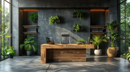Modern office interior with wooden desk, plants, and large windows.