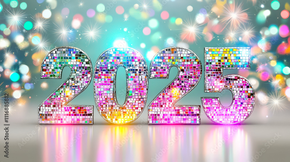 Poster bright and sparkling decorations represent the year 2025, celebrating a joyful new year\'s event fil