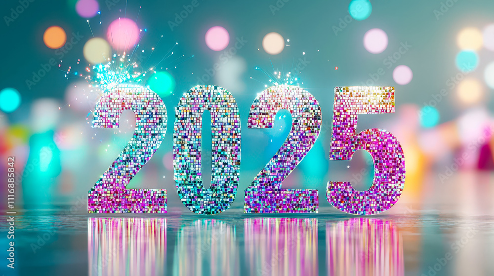 Poster sparkling digits represent 2025 in a festive setting filled with colorful lights, marking the excite