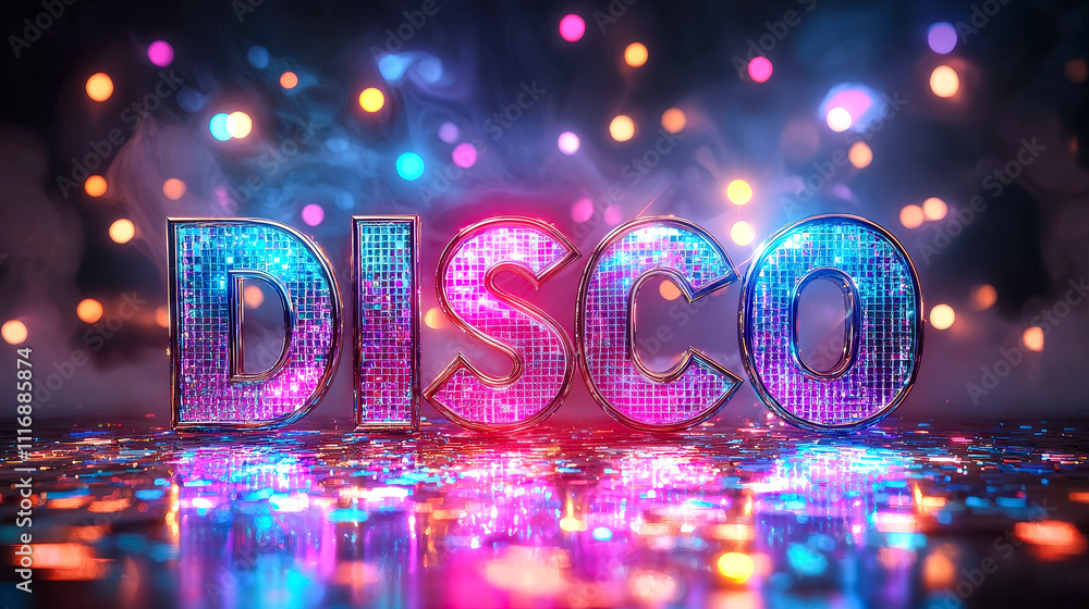 Aufkleber bright disco letters reflect colorful lights and sparkles, creating an energetic atmosphere for a vi