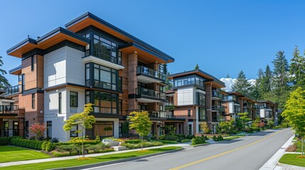 Obraz premium Modern residential complex on a tree-lined street.