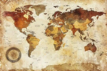 A vintage world map with a compass on the left side