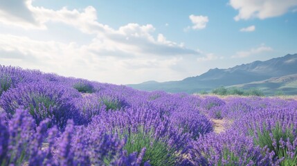 Obraz premium Blooming lavender field in peak season, under clear skies
