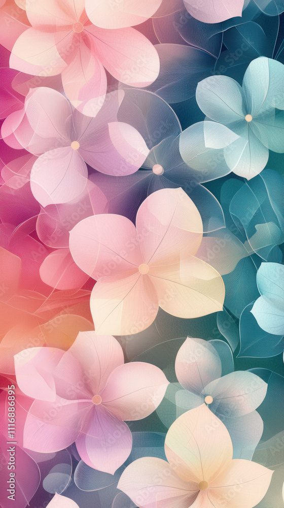 Poster a vivid floral pattern showcases soft petal shapes in various pastel hues on a blended gradient back