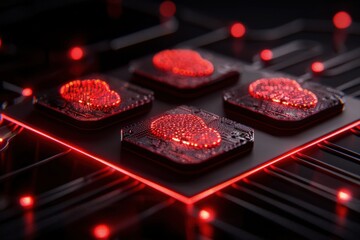 A computer chip with four red squares on it