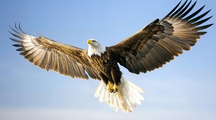 Fototapeta premium Majestic bald eagle in flight against a clear blue sky, wings spread wide.