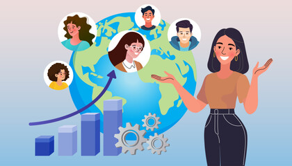 Concept of managing a diverse global team. A female leader presents a growth chart and remote employee profiles on a world globe, representing international business and human resources.