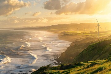 Serene coastal landscape at sunset with gentle waves crashing on cliffs and wind turbines in the...