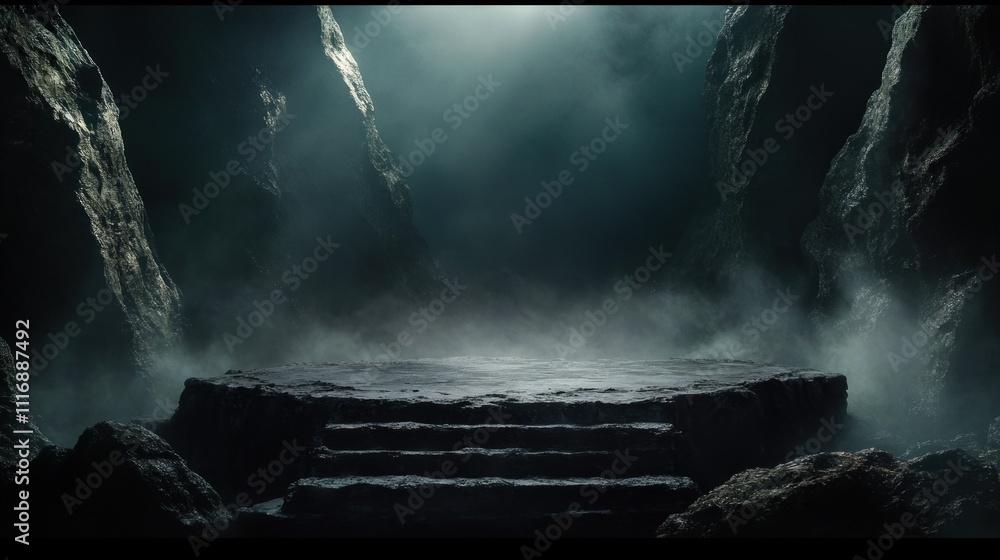 Poster mysterious stone platform dark rocks ethereal light fog background stage abstract scene