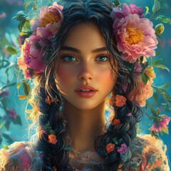 Vibrant Woman with Braided Hair and Peonies in Surreal Art Style
