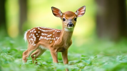 Fototapeta premium A young fawn standing in a lush green forest, showcasing its natural beauty.