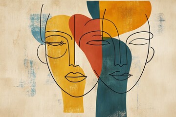 Abstract illustration of two faces with colorful shapes and outlines, symbolizing connection.