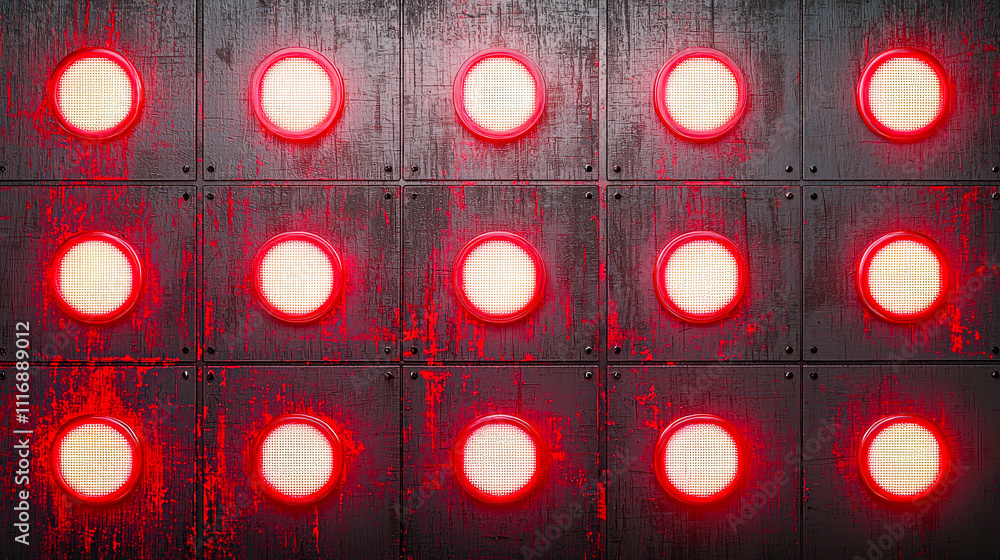 Poster rows of bright red and white circular lights cast a dramatic glow against a textured black surface