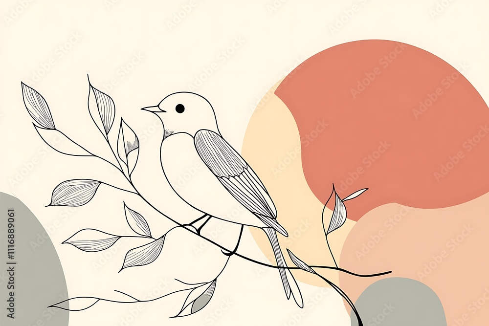 Poster a minimalist illustration of a bird perched on a branch with abstract shapes in the background.