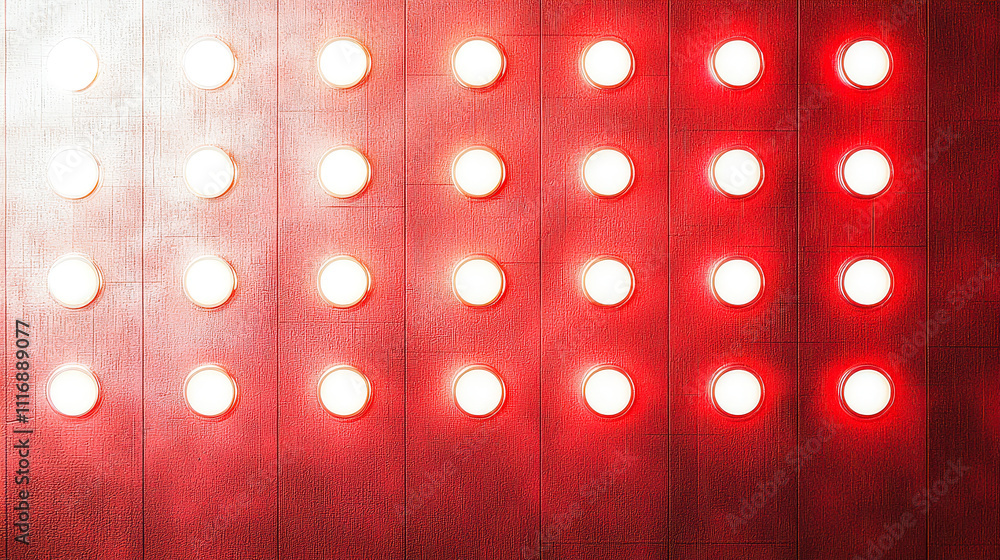 Poster Circular lights in a rhythmic pattern glow brightly against a striking red backdrop, creating an artistic and energizing atmosphere in a contemporary setting