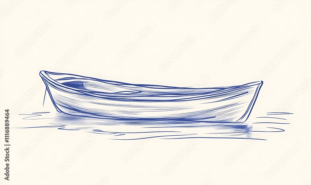 Poster a simple sketch of a boat floating on water, emphasizing tranquility and leisure.