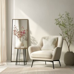 A Stylish Sitting Area with a Beige Chair, Side Table, and Beautiful Flower Vase.