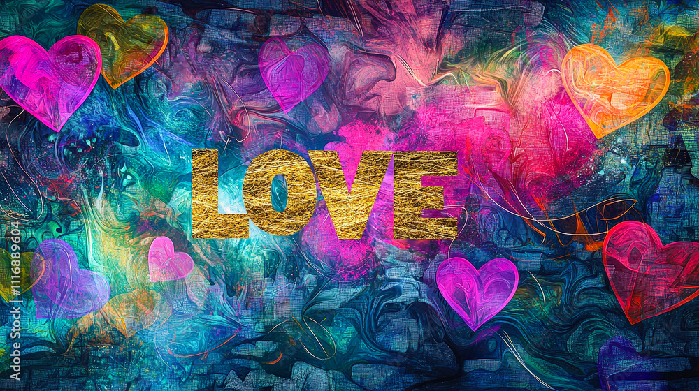 Poster a vibrant abstract design showcases the word love in gold, surrounded by colorful hearts and a dynam