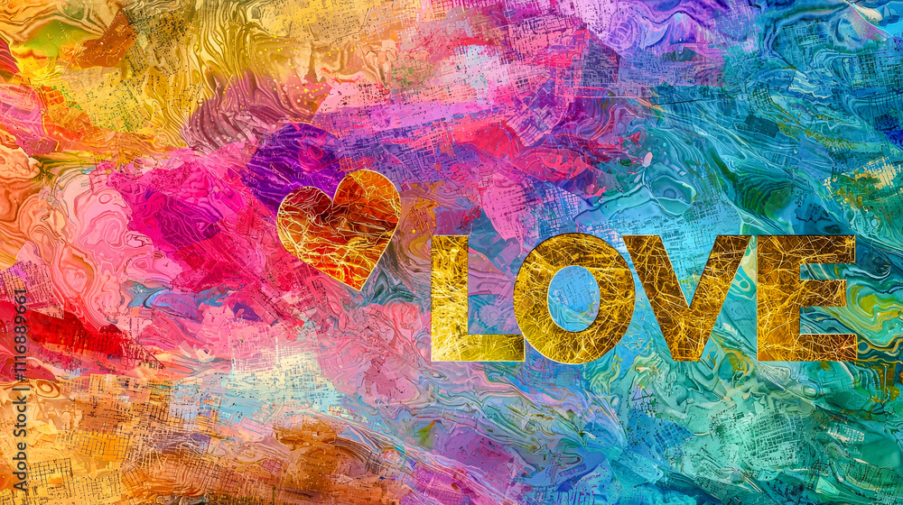 Poster A vibrant display of colors showcases the word love along with a heart symbol, creating an expressive and uplifting design
