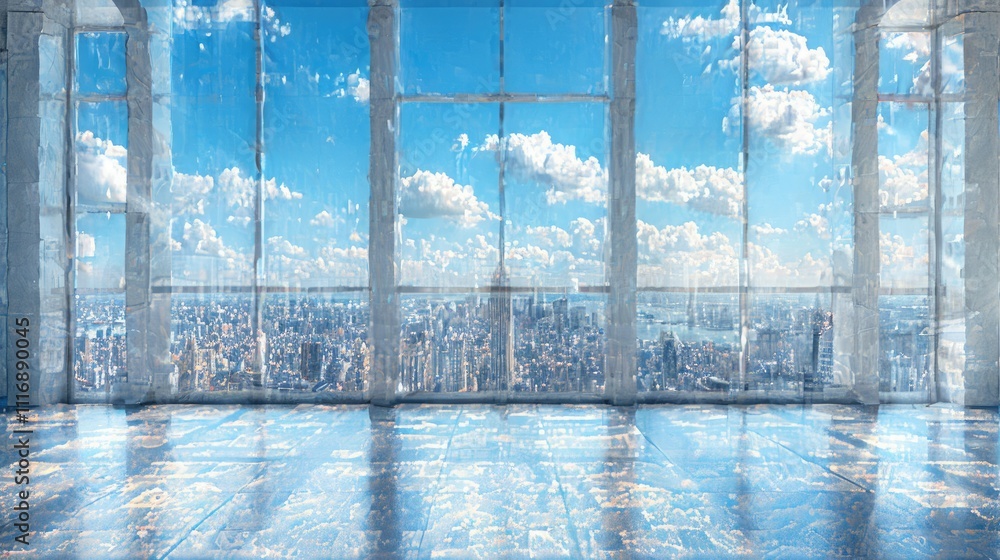 Poster panoramic cityscape view from large windows in an empty room.