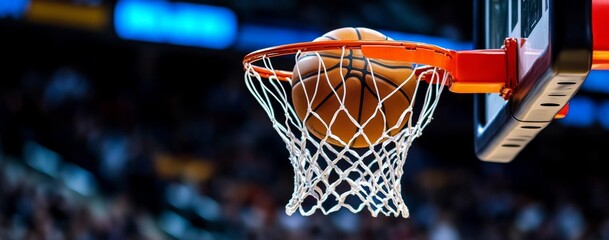 Fototapeta premium basketball action close-up orange ball in red white net hoop indoor crowd