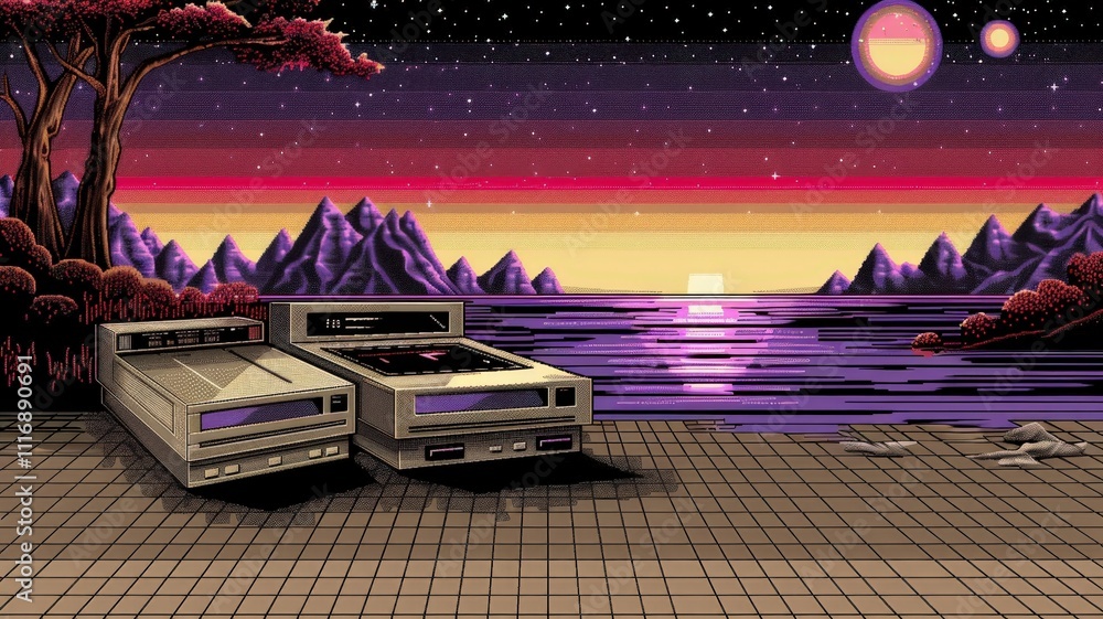 Poster a computer generated image of a beach with two old record players on the sand