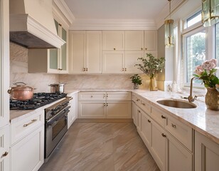 An Inviting Kitchen with Light Beige Cabinets and Gorgeous White Marble Tiles for Timeless Style.