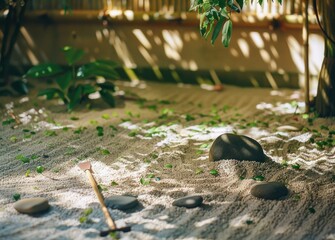 Naklejka premium Peaceful Zen garden with raked sand, smooth stones, and lush green plants, creating a tranquil atmosphere perfect for relaxation and meditation.