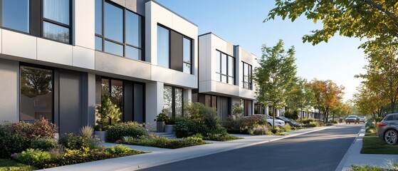 Obraz premium Modern townhouses on a tree-lined street.