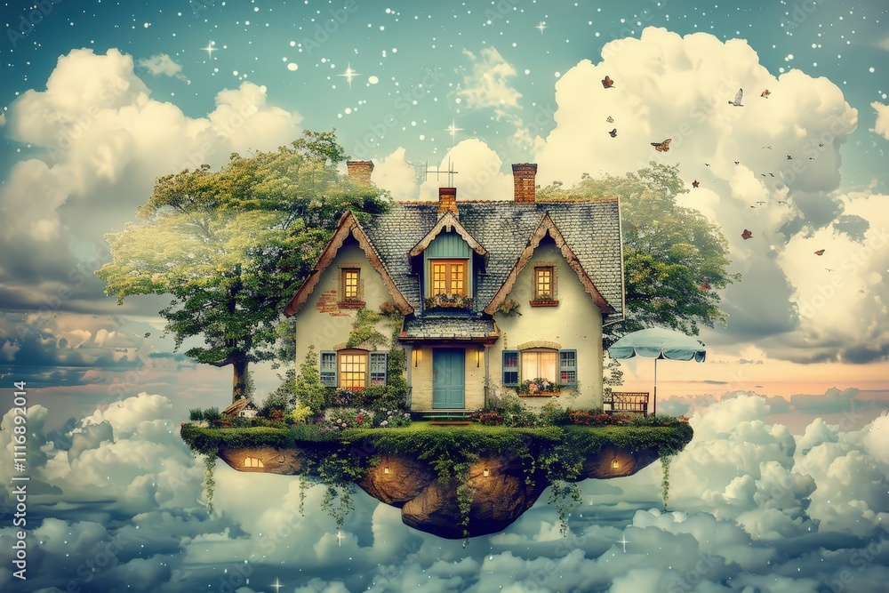 Poster A house is floating in the sky with clouds and trees surrounding it