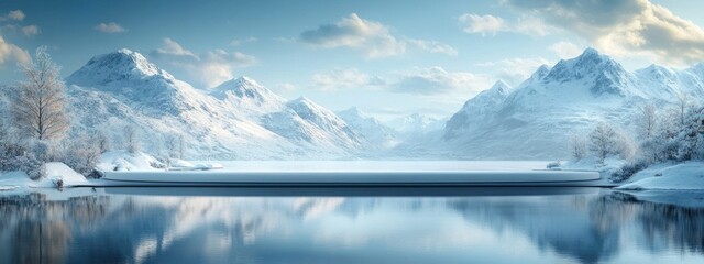 Winter Landscape Snowy Mountains Reflective Lake Ice Podium Cold Nature Product Display