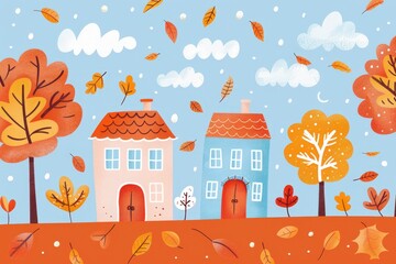 A cartoonish drawing of a small town with houses and trees