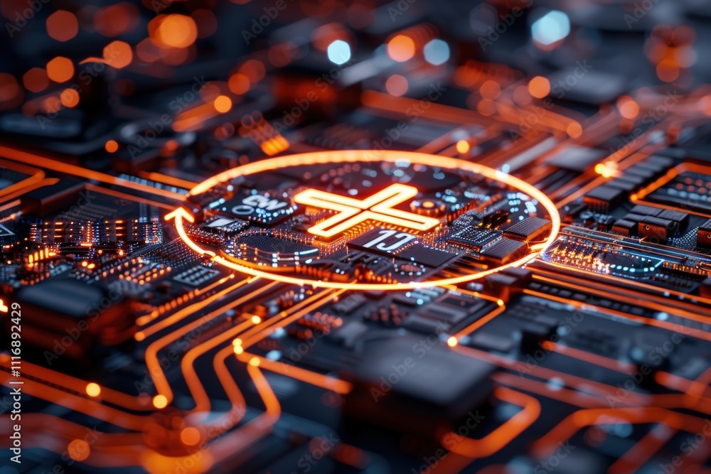 Poster a computer chip with an orange cross on it