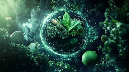 A smoothie made with spinach, kale, and ginger, surrounded by fresh ingredients known to strengthen the immune system 
