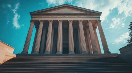 A grand building with columns and steps under a blue sky.