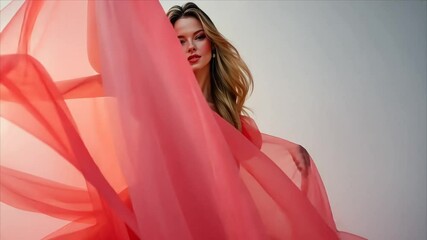 Fashion model showcases vibrant red gown with dramatic fabric details in studio setting