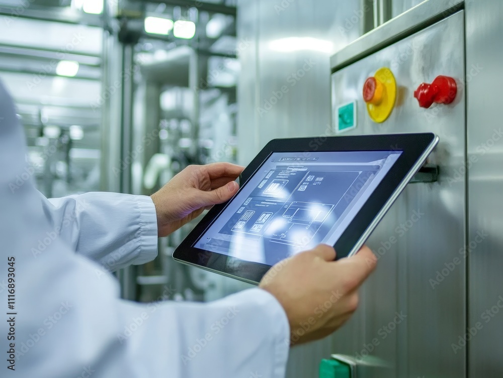 Aufkleber engineer in a factory using a digital tablet to monitor production