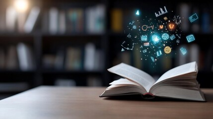 Obraz premium Open book with glowing data icons rising from pages.