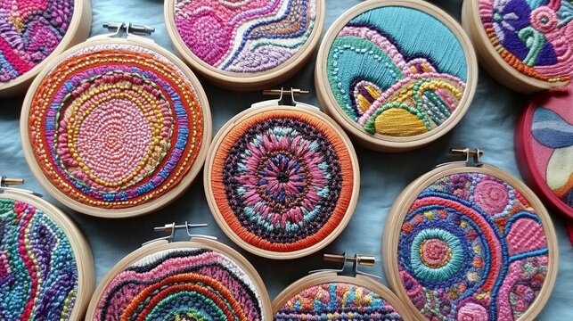 Embroidery hoops with intricate, colorful patterns in progress