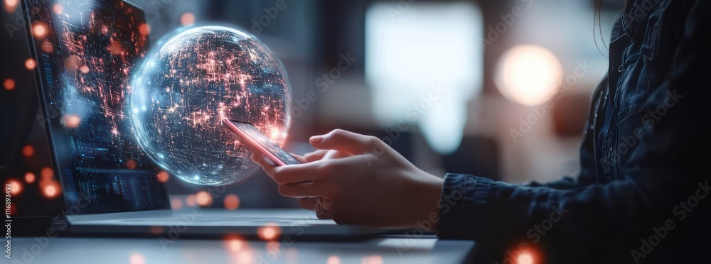 Aufkleber futuristic digital workspace cyberpunk scene with holographic technology and mobile connection in mo