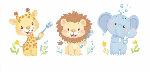Cute cartoon animals, including giraffe, lion, and elephant, holding toothbrushes and surrounded by flowers, promote dental hygiene in playful and colorful illustration