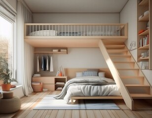 A boy's room with a lofted bed, maximizing space below for study and relaxation activities.