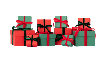 Green and red gift boxes isolated on transparent background. Christmas or New Year present.