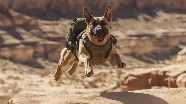 Agile Canine Commando - Powerful Dog in Tactical Gear Leaping Over Desert Obstacle