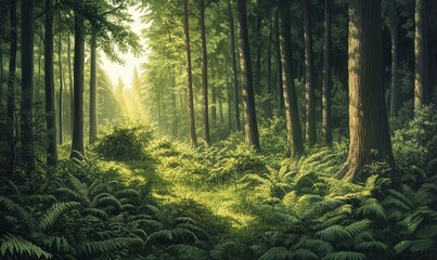 Obraz premium Lush forest scene with sunlight filtering through trees and ferns.